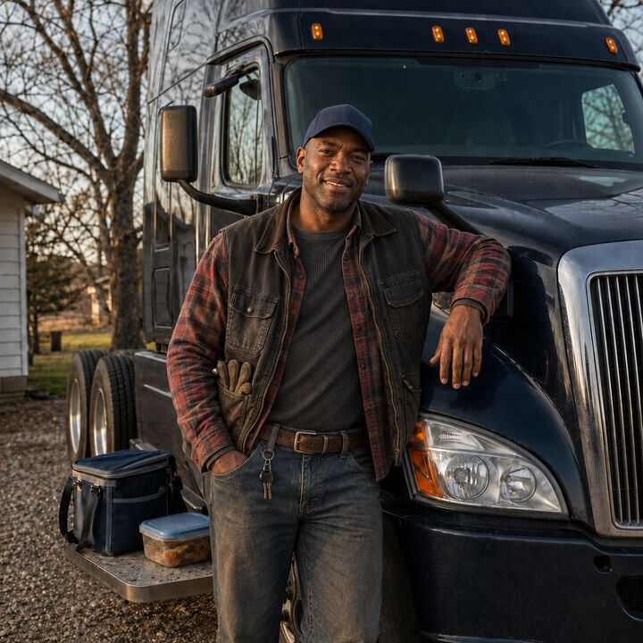 Daniel M. with his road meals packed by his truck