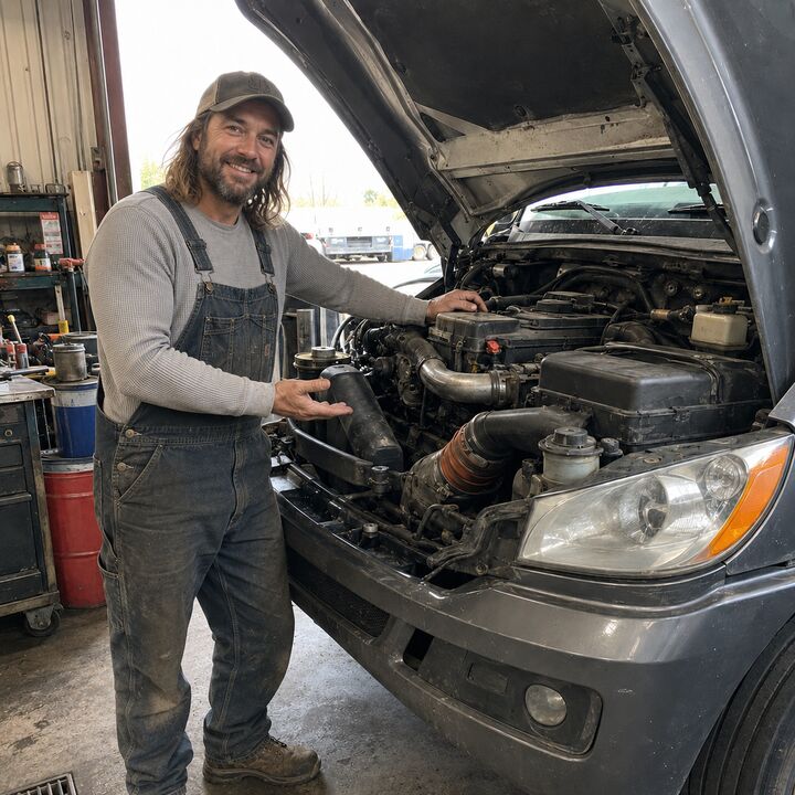 Robert J. doing the monthly truck check under the hood